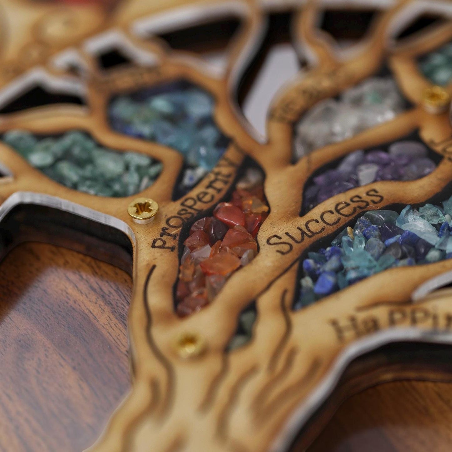 Wood Tree of Life Hamsa with Gemstones