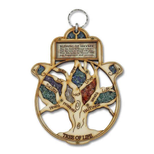 Wood Tree Of Life Hamsa  with gemstones