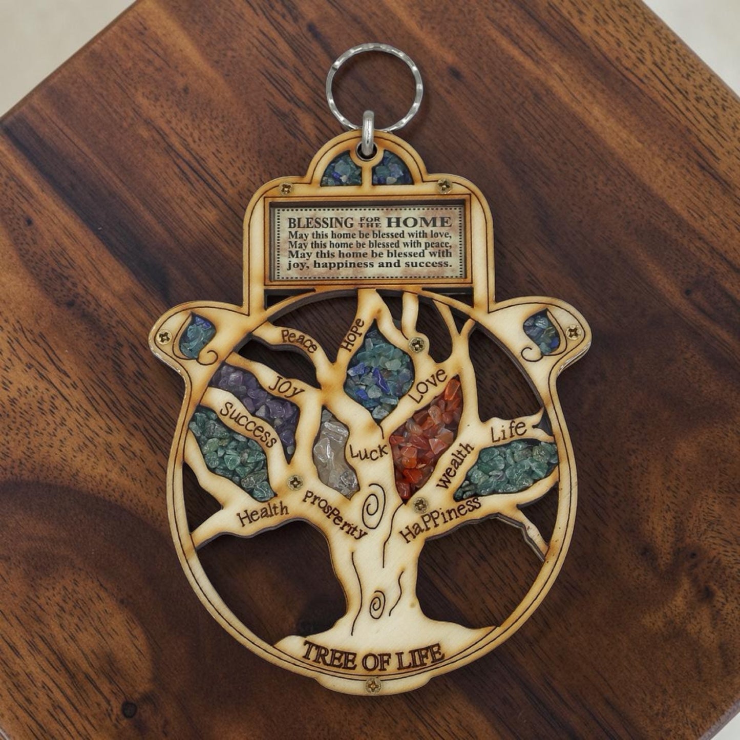 Wood Tree of Life Hamsa with Gemstones