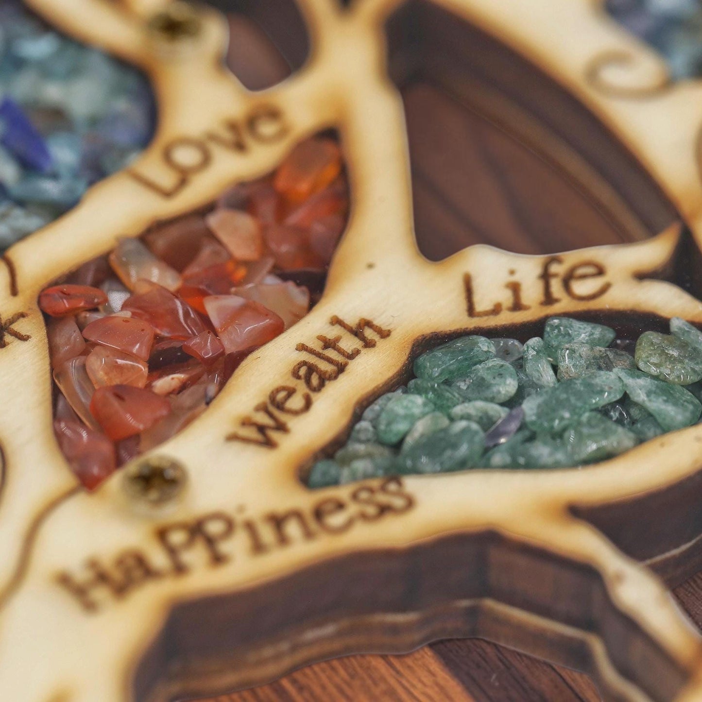 Wood Tree of Life Hamsa with Gemstones