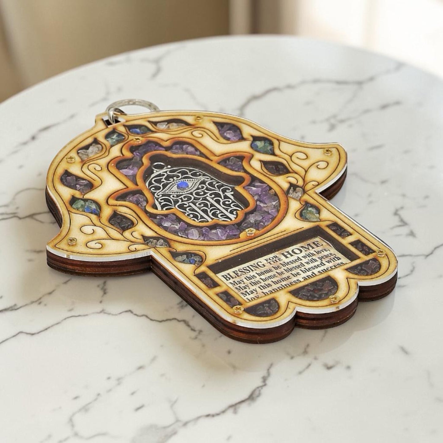Wood Triple Hamsa Home Blessing with Gemstones