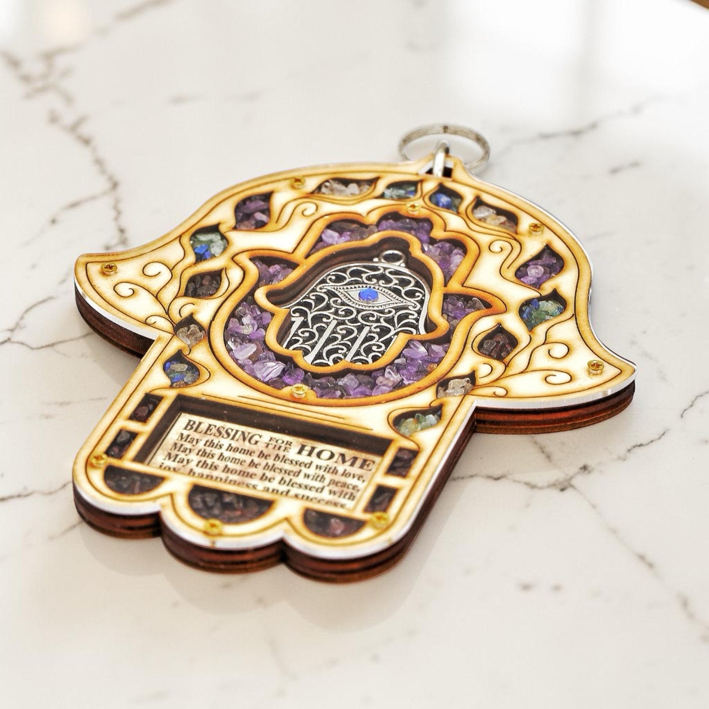 Wood Triple Hamsa Home Blessing with Gemstones