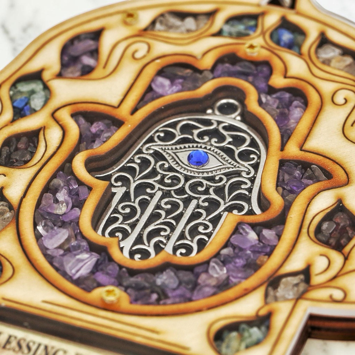 Wood Triple Hamsa Home Blessing with Gemstones