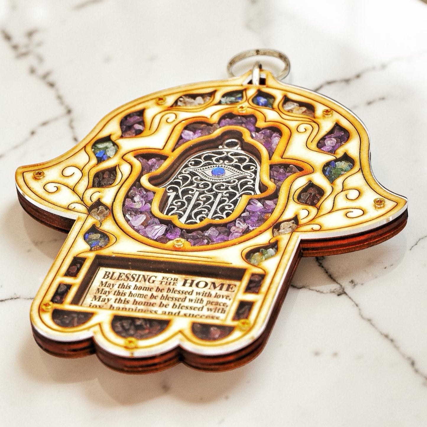 Wood Triple Hamsa Home Blessing with Gemstones
