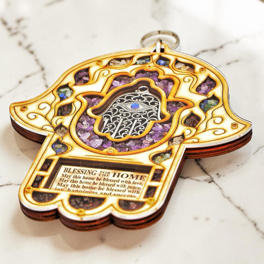 Wood Triple Hamsa Home Blessing with Gemstones