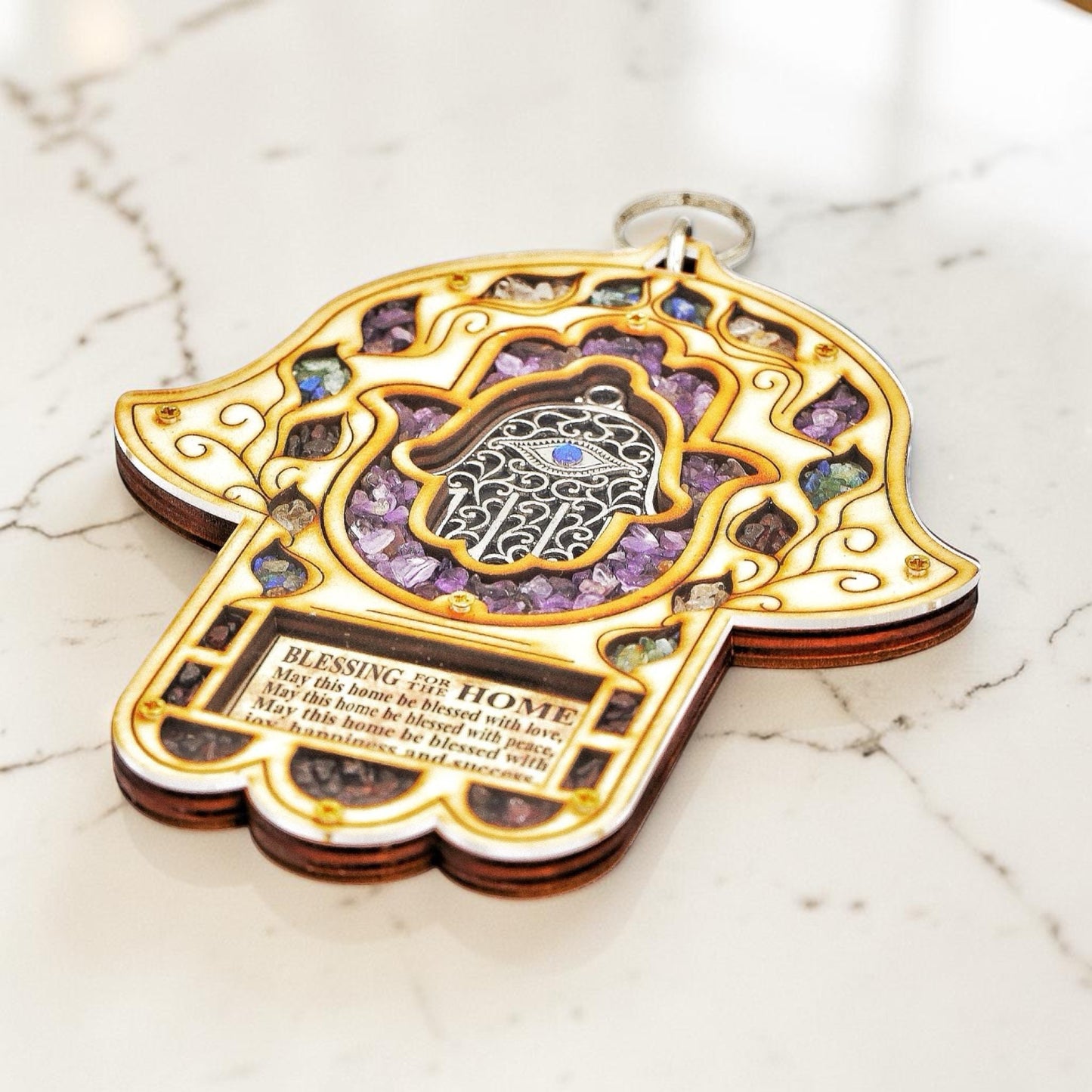 Wood Triple Hamsa Home Blessing with Gemstones