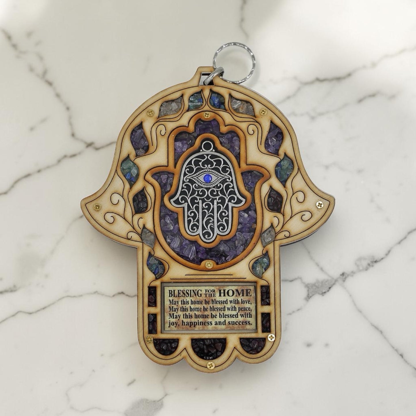 Wood Triple Hamsa Home Blessing with Gemstones