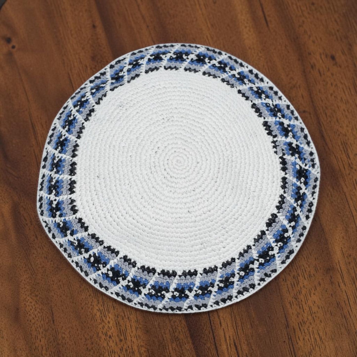 Handmade White & Blue Cotton Knitted Kippah