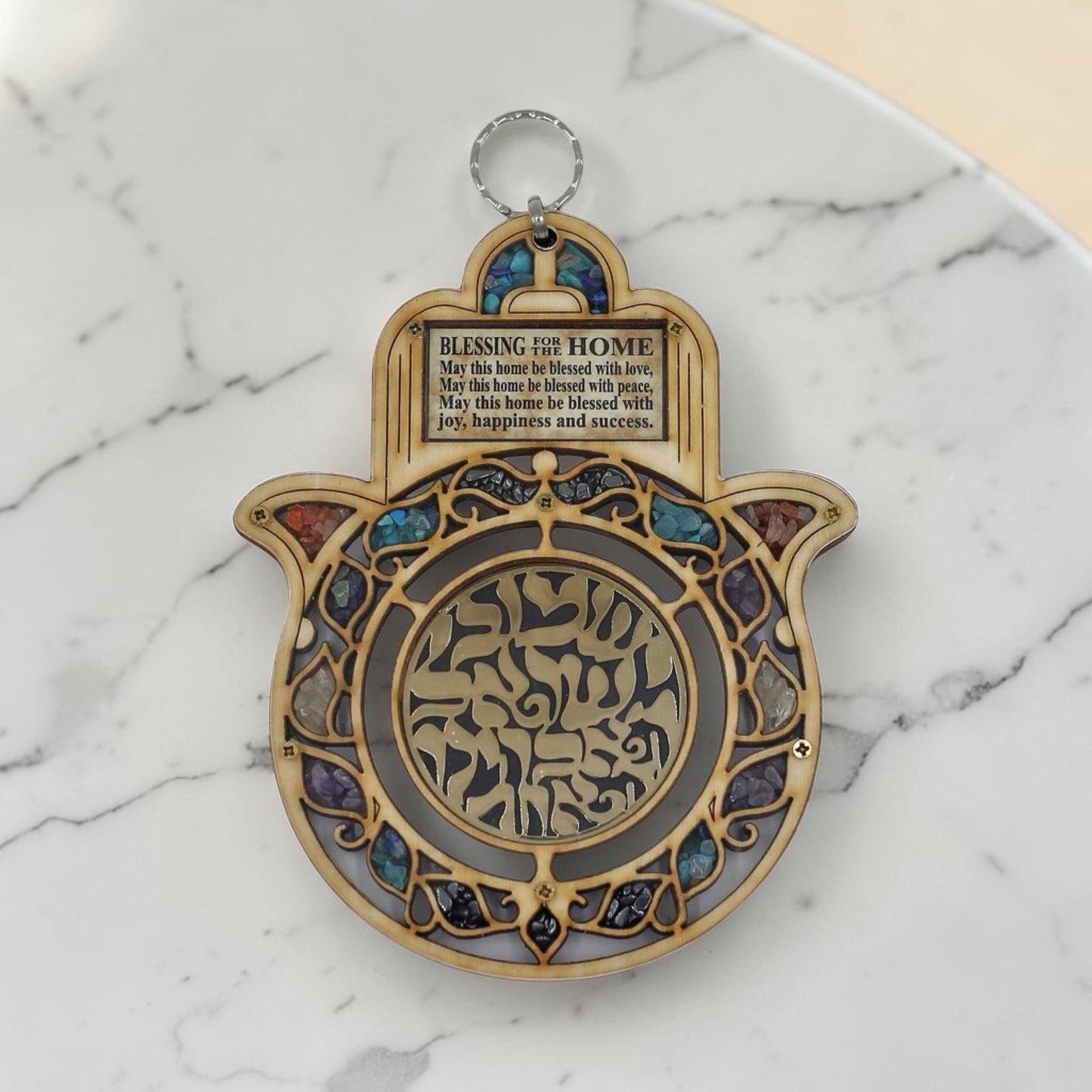 Wood Hamsa Home Blessing Wall Art with Gemstones