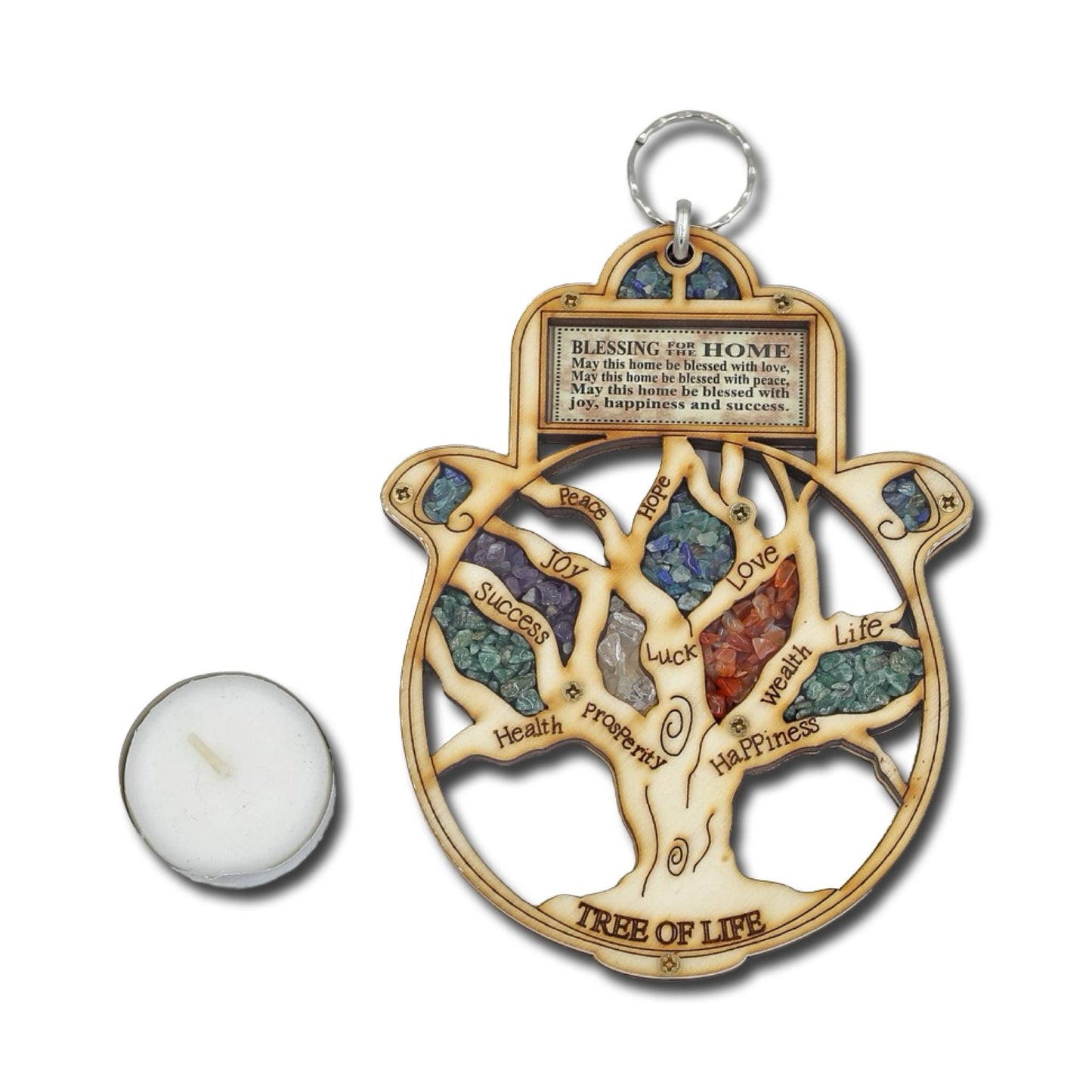 Wood Tree Of Life Hamsa  with gemstones