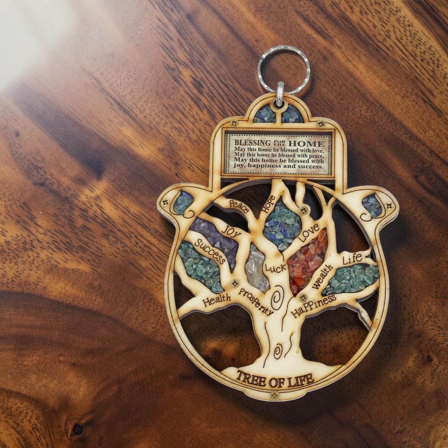 Wood Tree of Life Hamsa with Gemstones