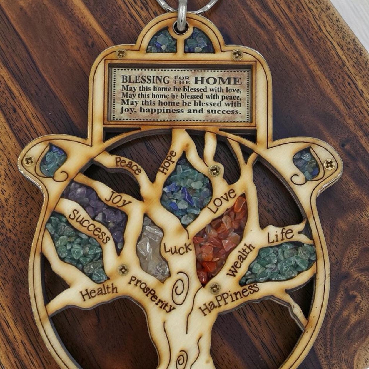 Wood Tree of Life Hamsa with Gemstones
