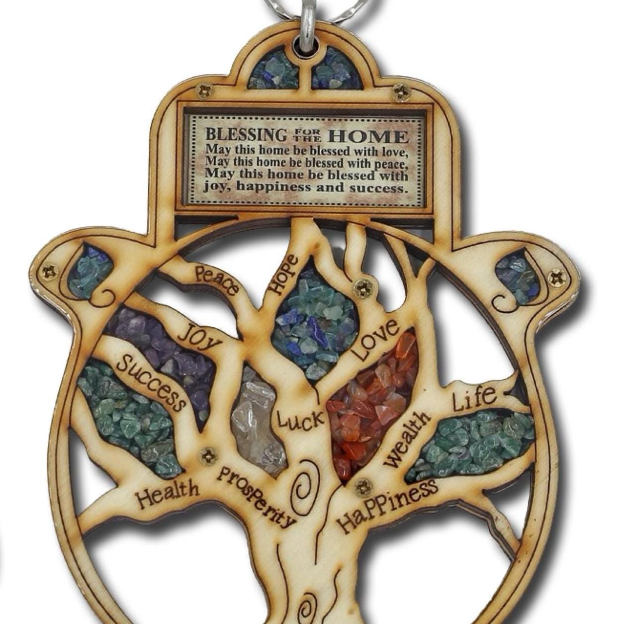 Wood Tree Of Life Hamsa  with gemstones