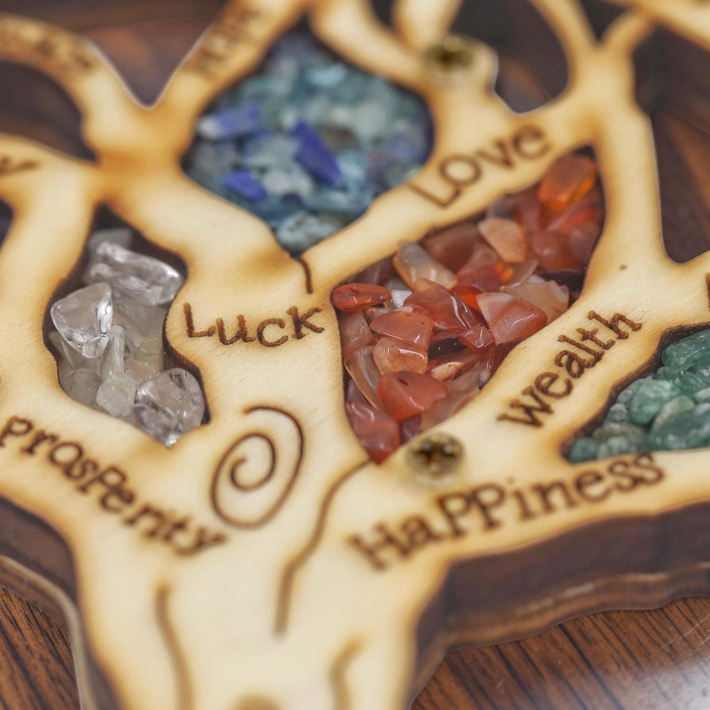 Wood Tree of Life Hamsa with Gemstones