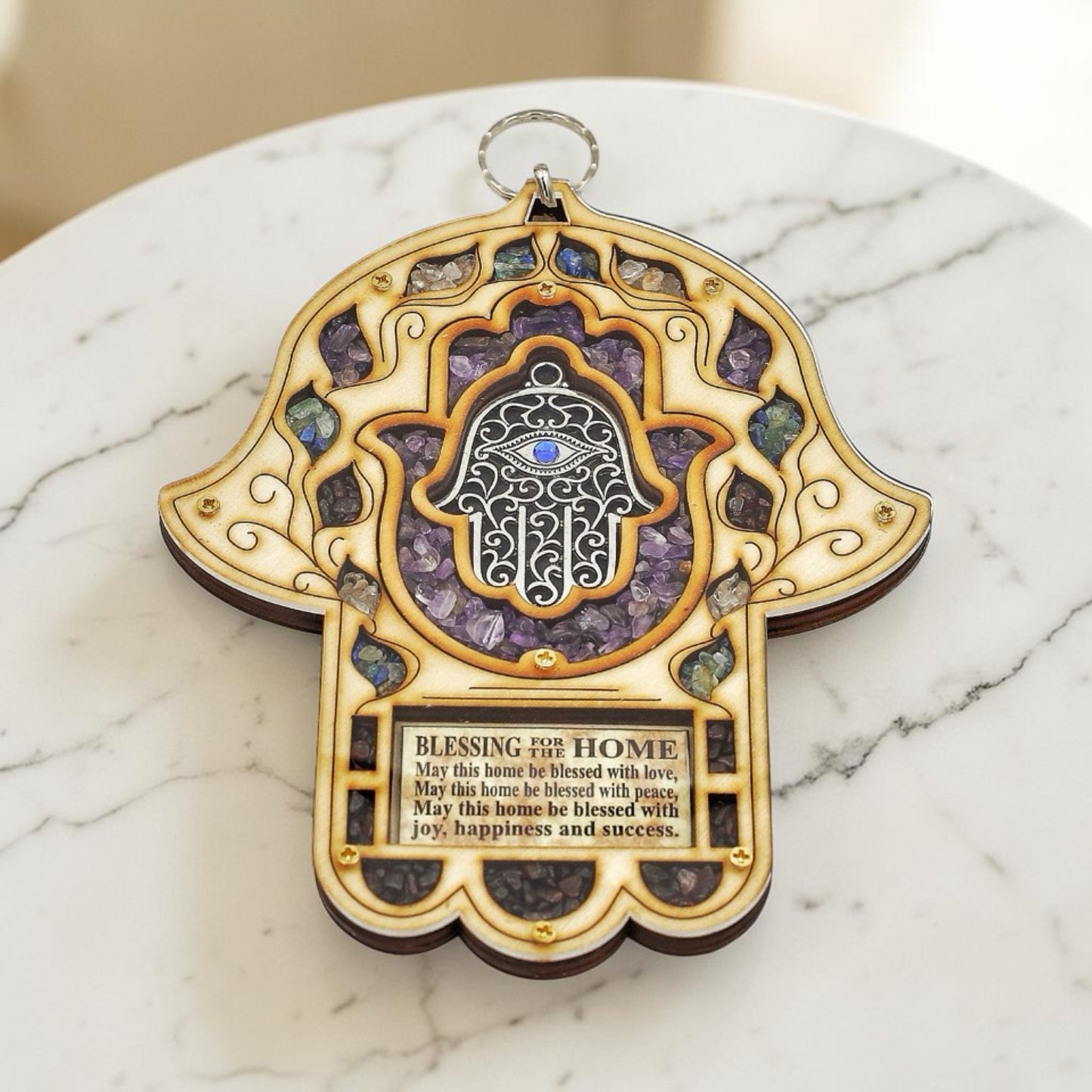 Wood Triple Hamsa Home Blessing with Gemstones