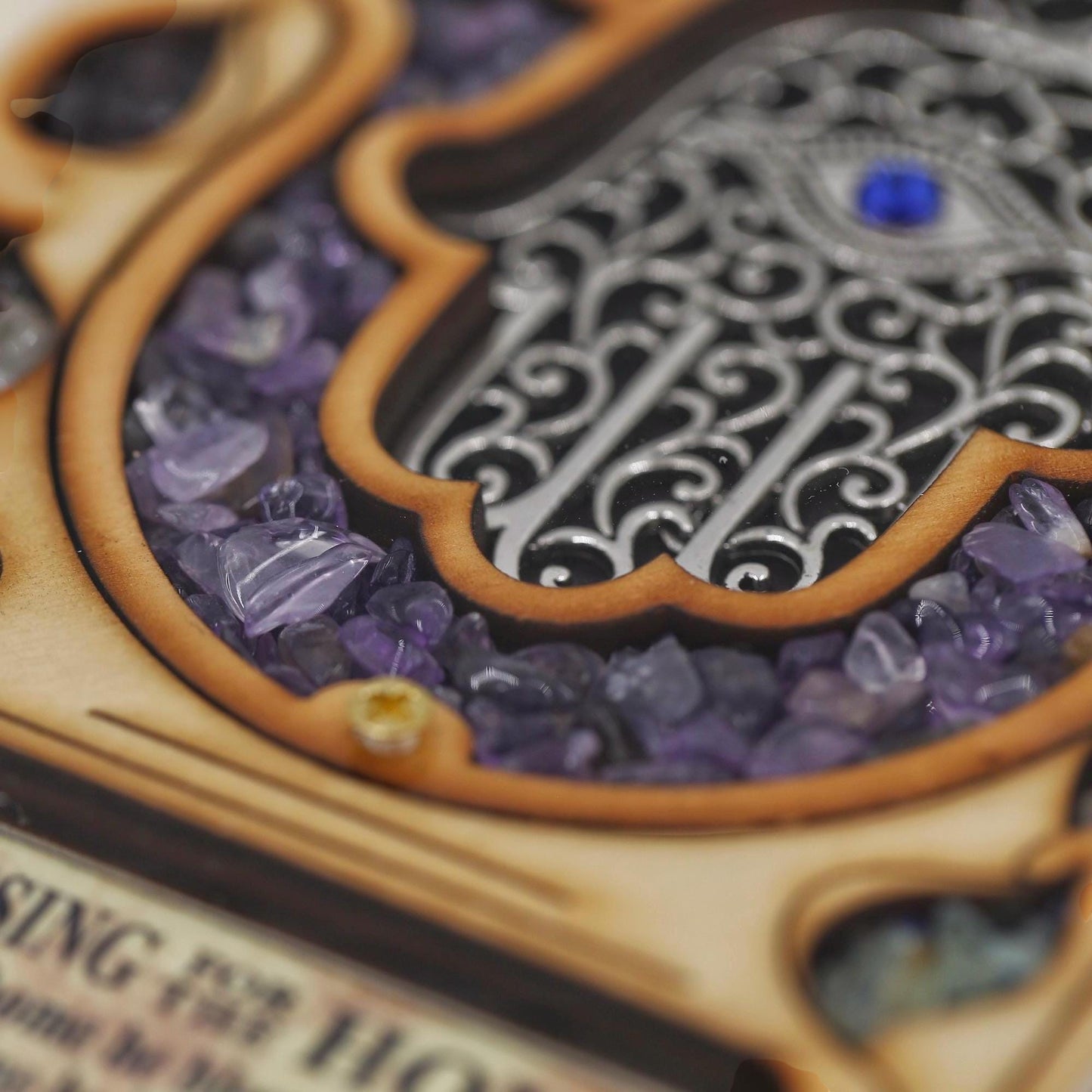Wood Triple Hamsa Home Blessing with Gemstones