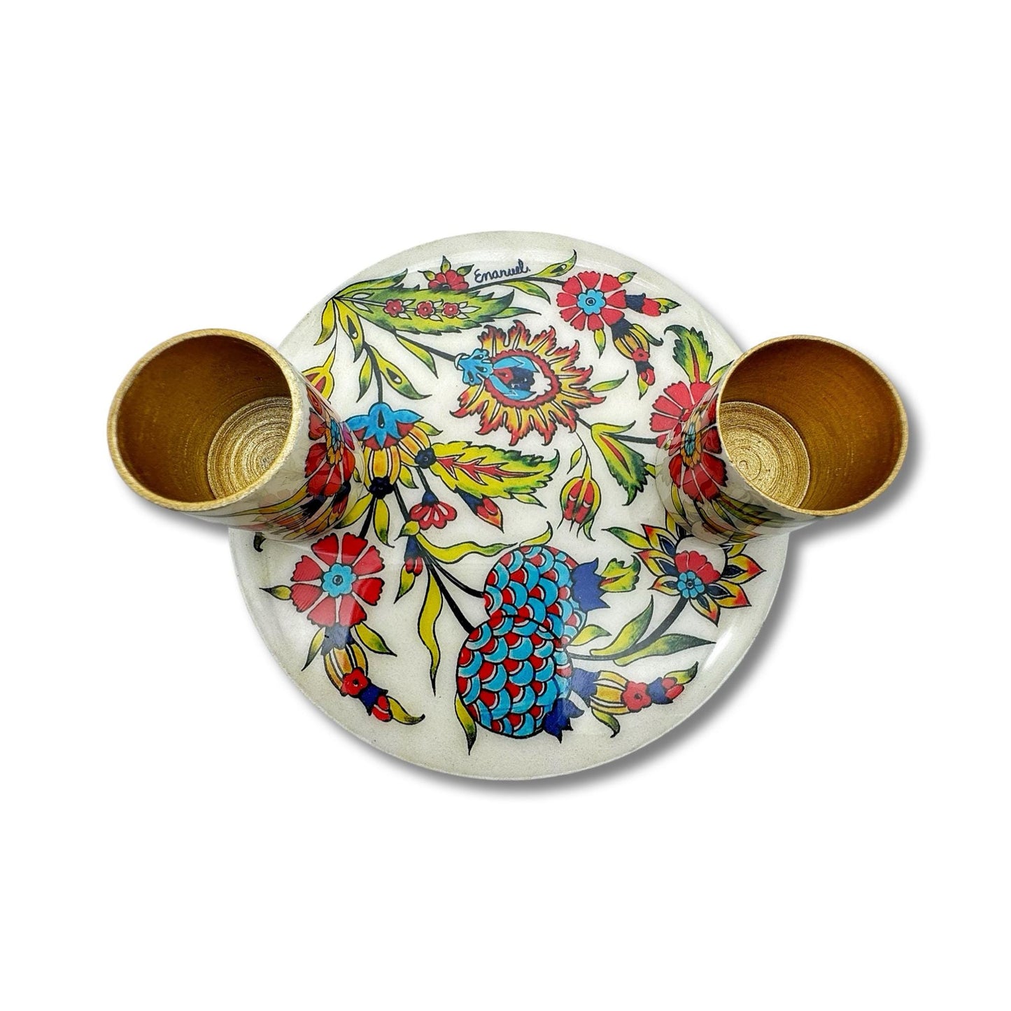 Shabbat Flowers Candle Holders With Matching Plate