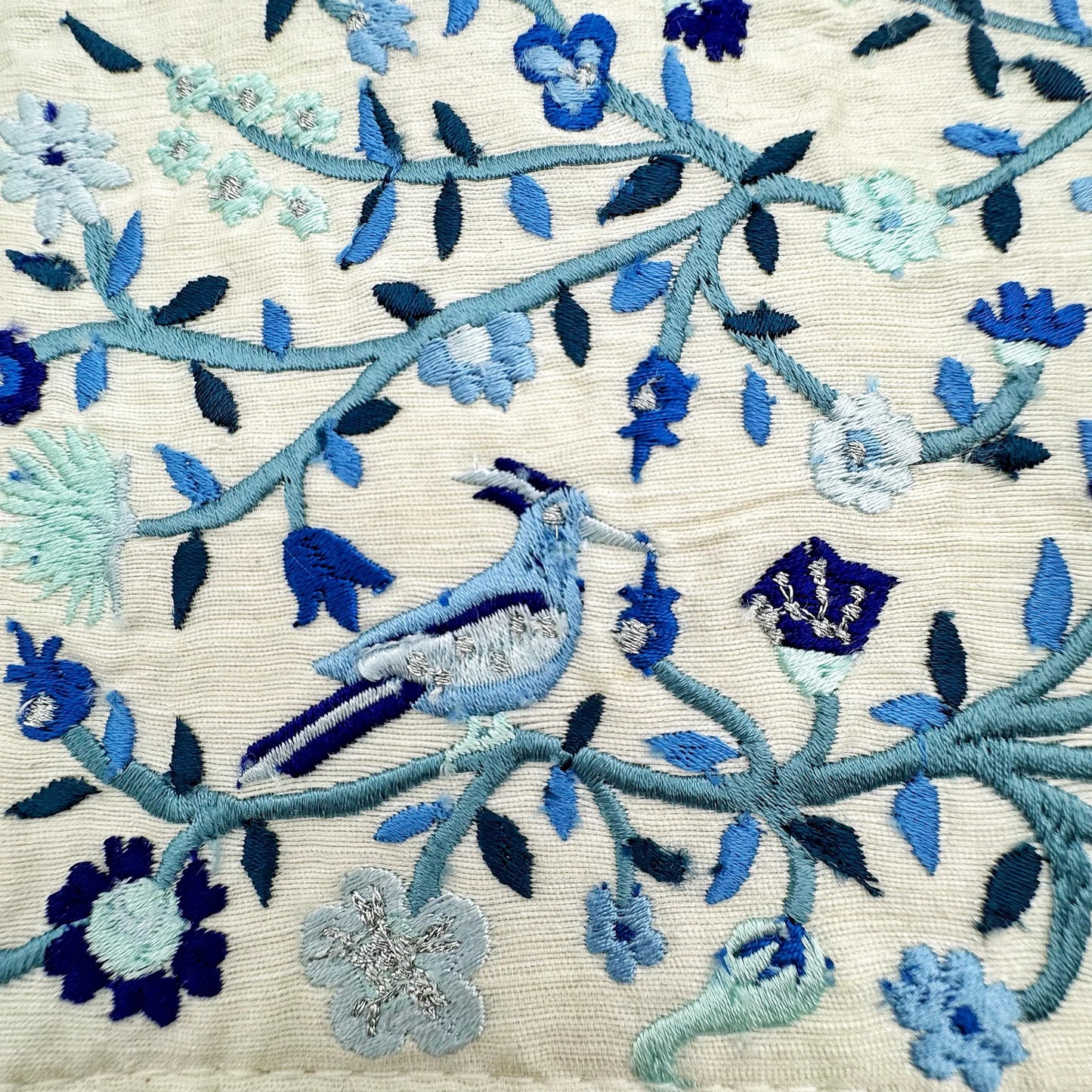 Blue Embroidered Challah Cover with Birds and Flowers