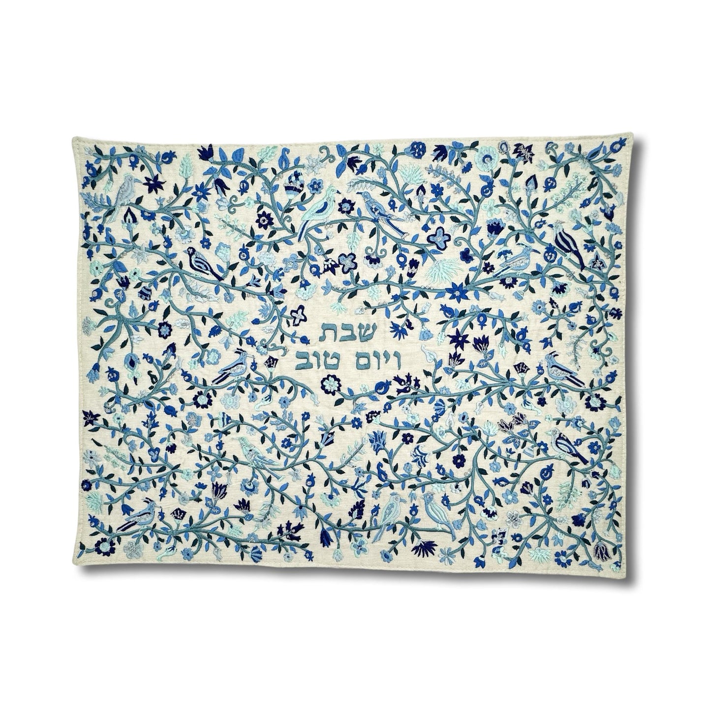 Embroidery Blue Challah Cover Birds and Flowers