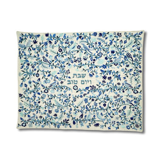 Embroidery Blue Challah Cover Birds and Flowers