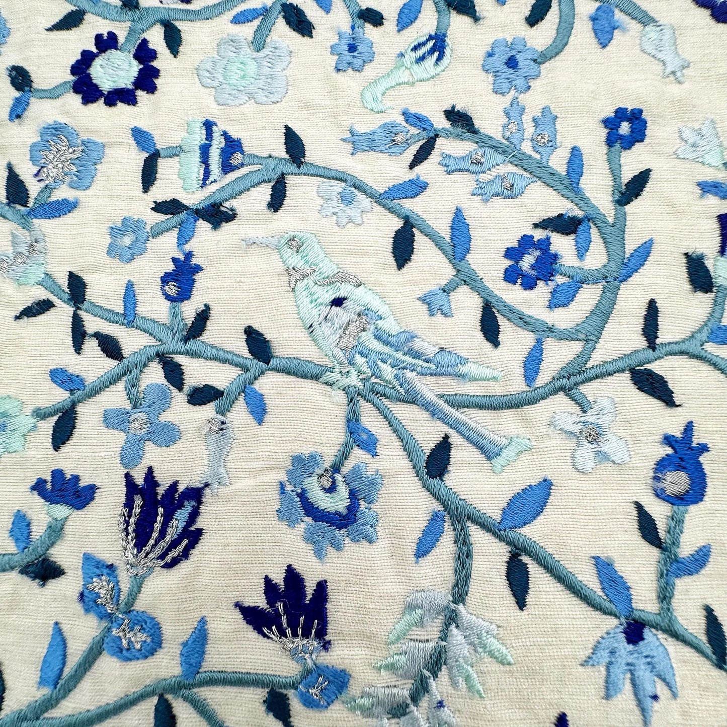 Blue Embroidered Challah Cover with Birds and Flowers