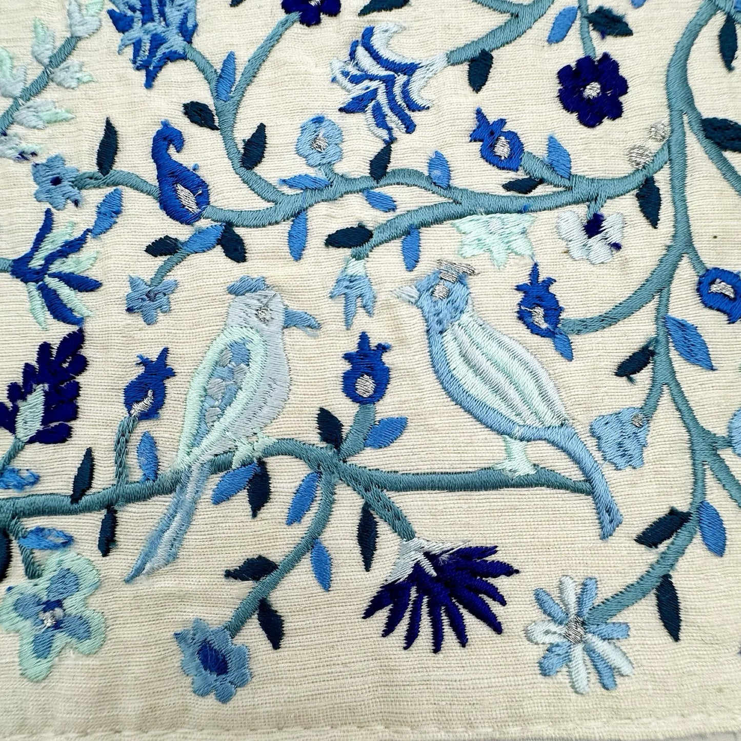 Blue Embroidered Challah Cover with Birds and Flowers