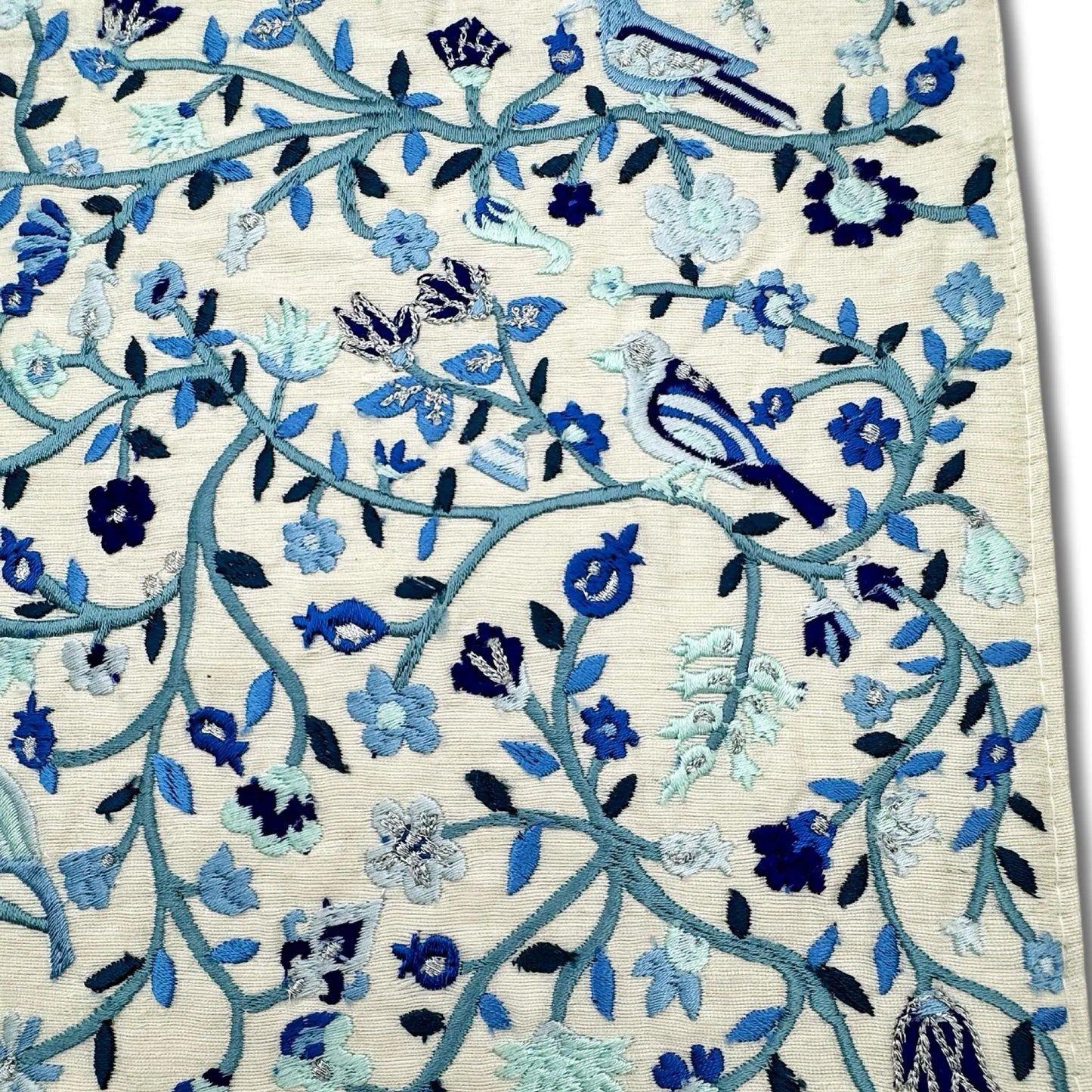 Blue Embroidered Challah Cover with Birds and Flowers