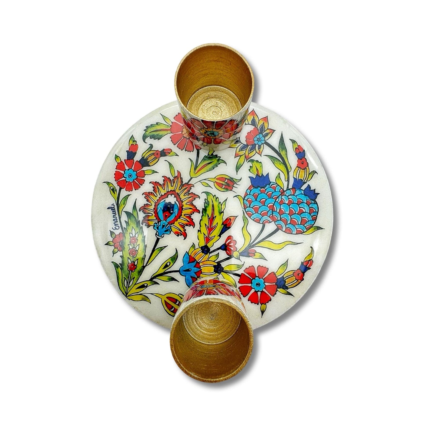 Shabbat Flowers Candle Holders With Matching Plate