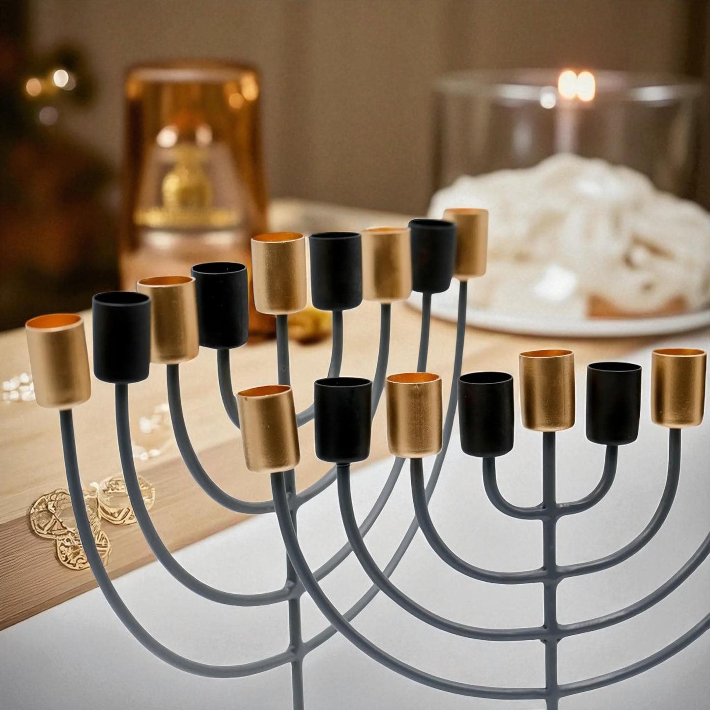 White Marble Menorah with Black & Gold Accents