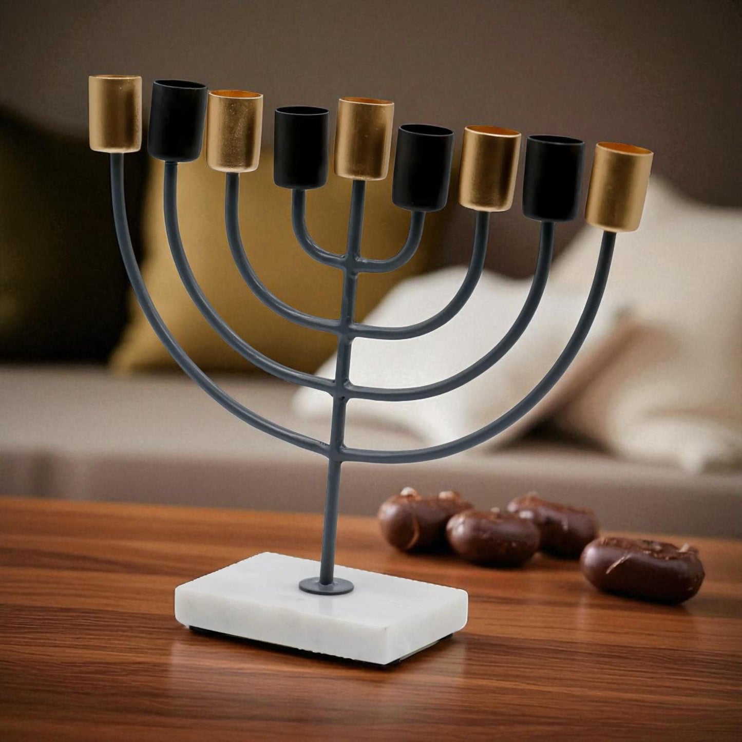 White Marble Menorah with Black & Gold Accents
