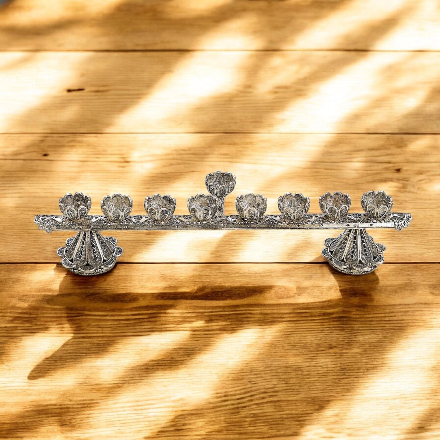Mini Yemenite Filigree Menorah & Shabbat Candlesticks 2-in-1 | Handcrafted Silver Judaica Gift