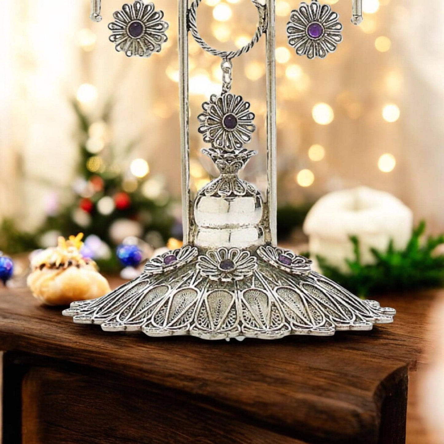 Big Yemenite Filigree Menorah with Crystals