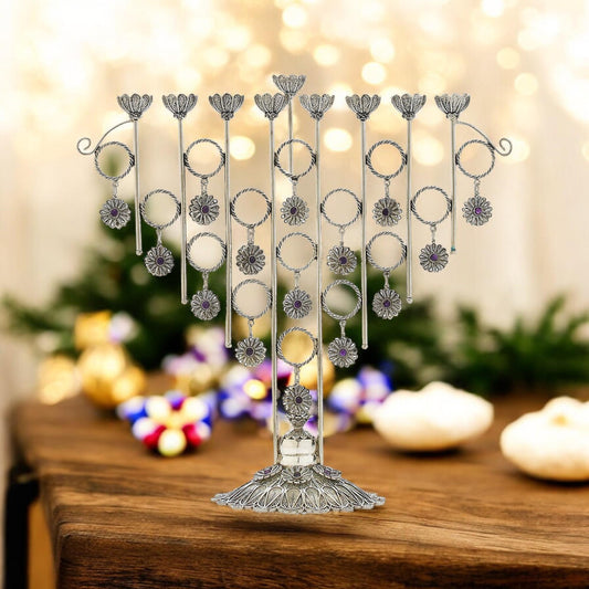 Big Yemenite Filigree Menorah with Crystals