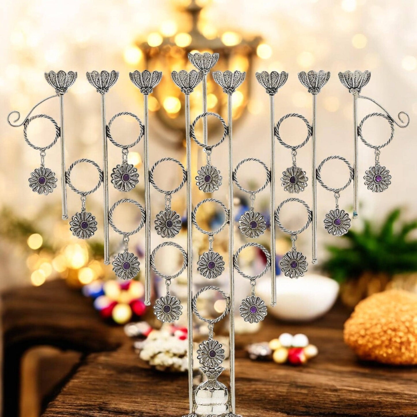 Big Yemenite Filigree Menorah with Crystals