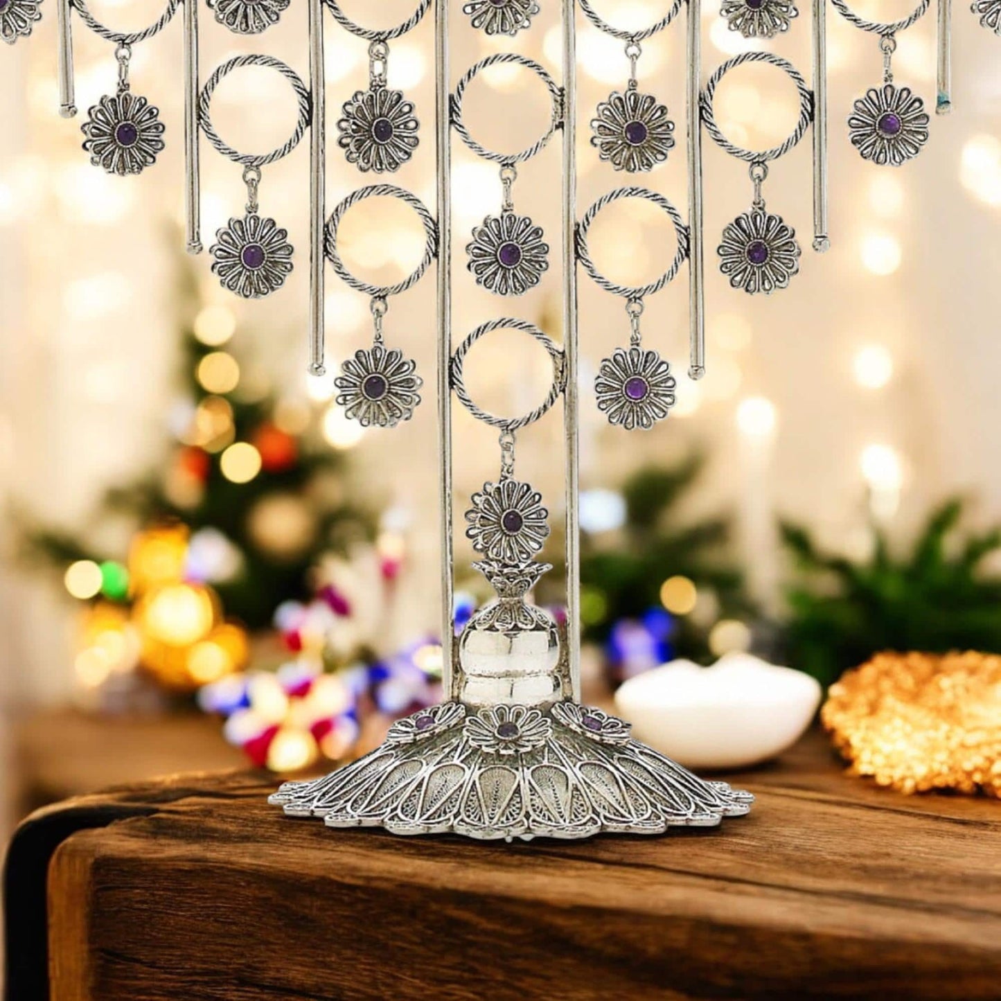 Big Yemenite Filigree Menorah with Crystals