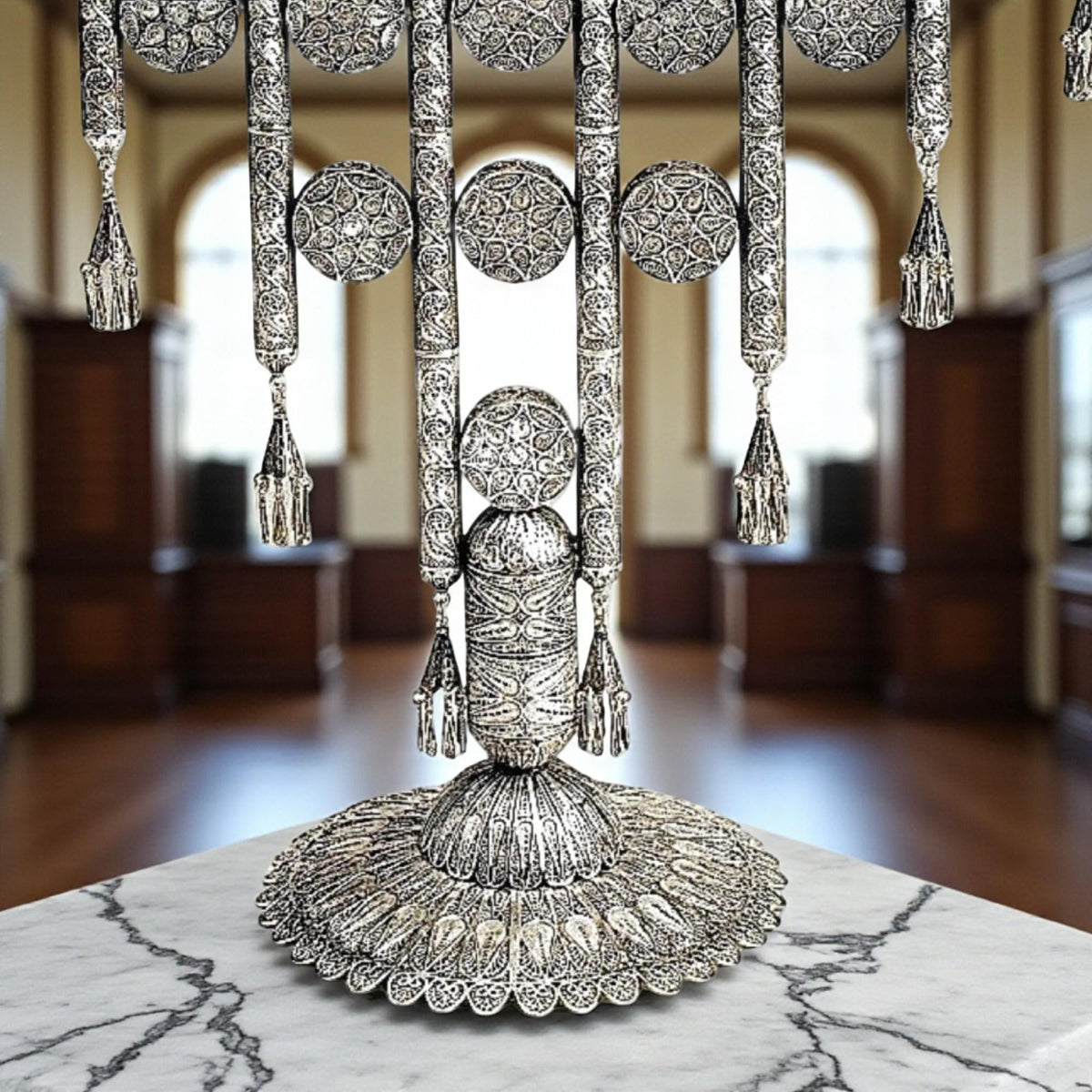Grande ménorah de Hanouka yéménite en filigrane | Hanoukkia juive faite à la main | Élégant cadeau de Judaica
