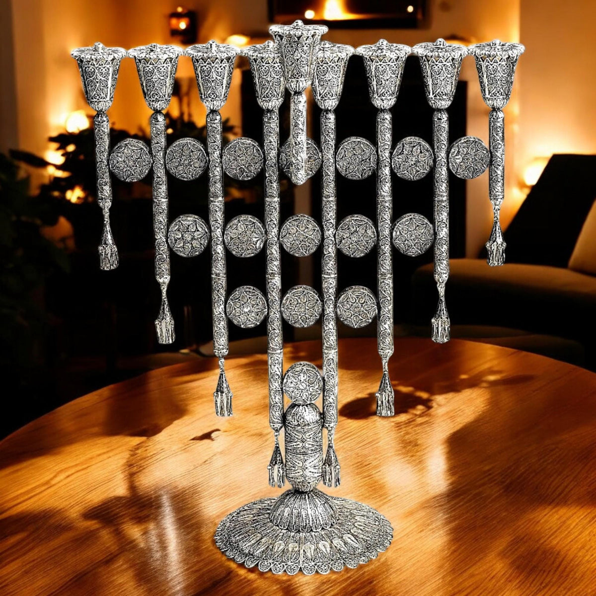 Grande ménorah de Hanouka yéménite en filigrane | Hanoukkia juive faite à la main | Élégant cadeau de Judaica
