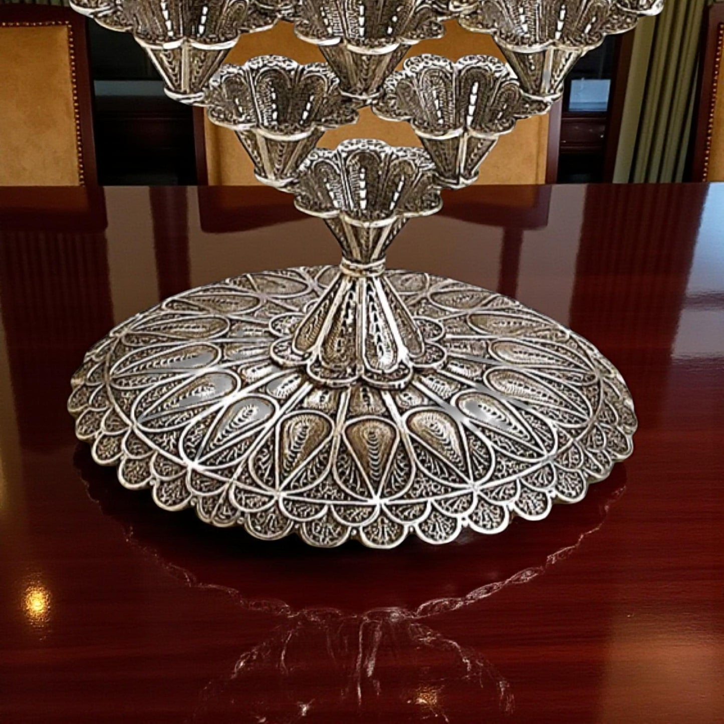 Elegant Sterling Silver Yemenite Filigree Hanukkah Menorah