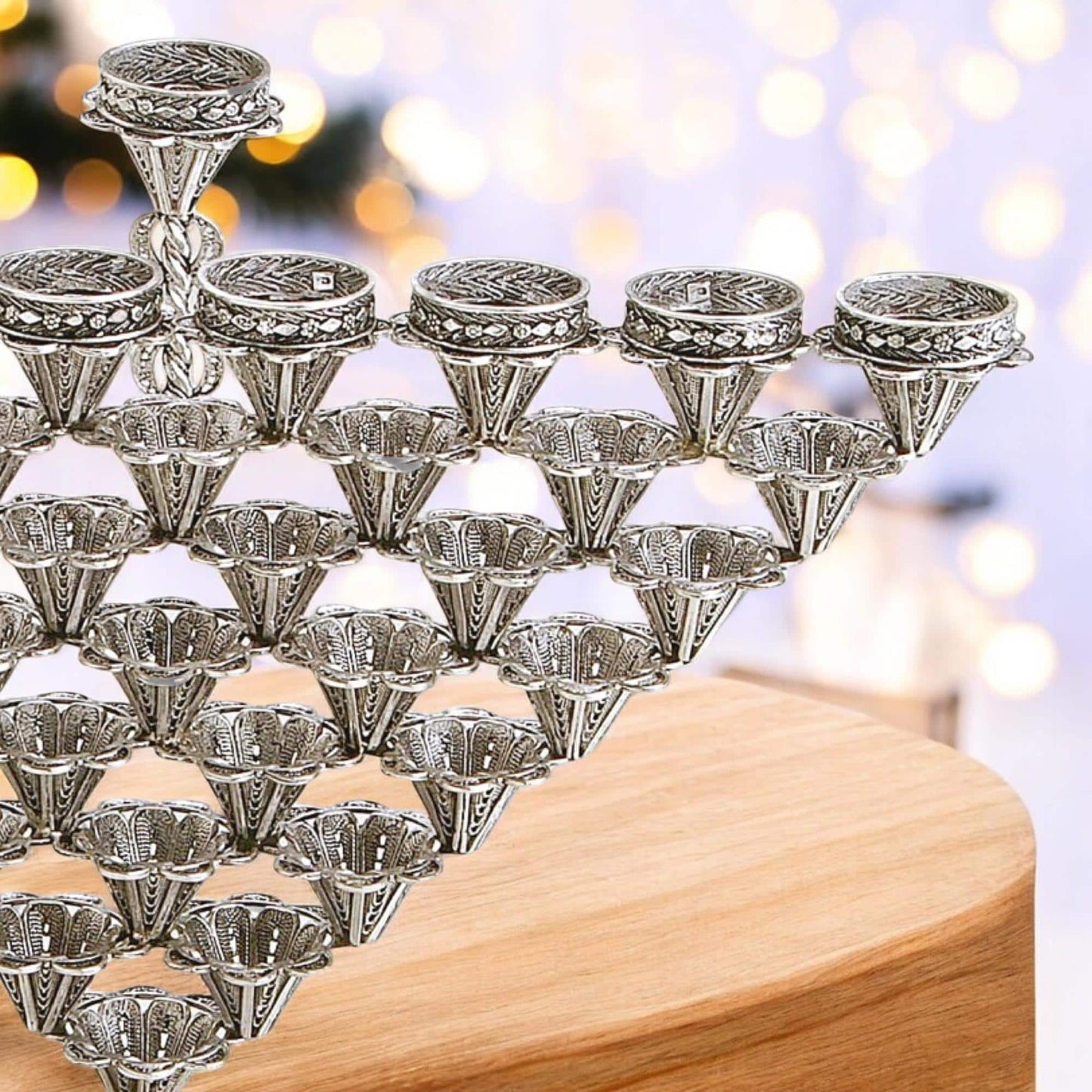 Elegant Sterling Silver Yemenite Filigree Hanukkah Menorah