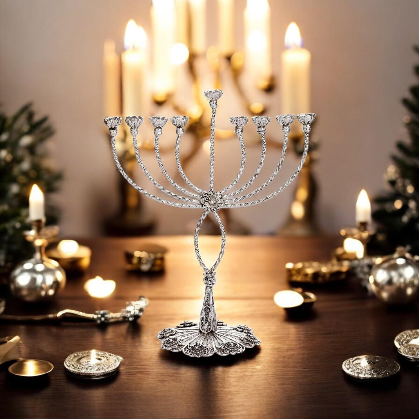 Sterling Silver Hanukkah Menorah with Quartz: Yemenite Filigree Judaica