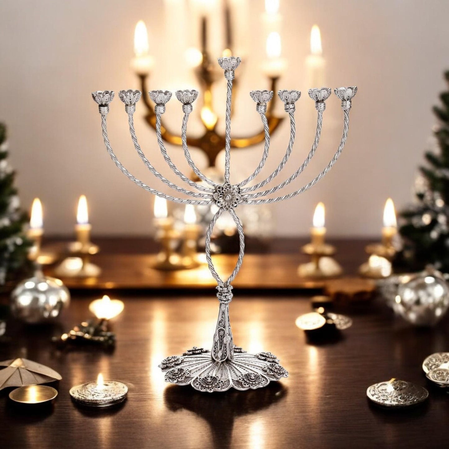Sterling Silver Hanukkah Menorah with Quartz: Yemenite Filigree Judaica
