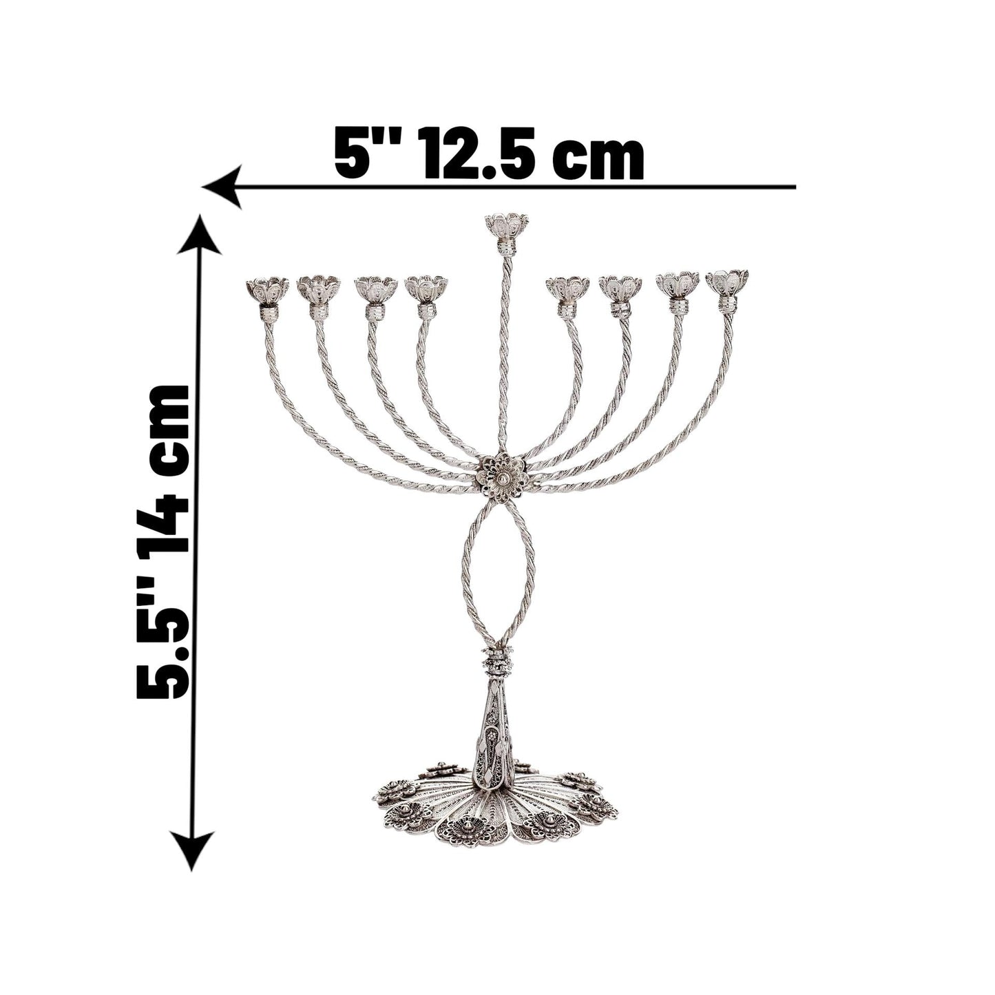 Sterling Silver Hanukkah Menorah with Quartz: Yemenite Filigree Judaica