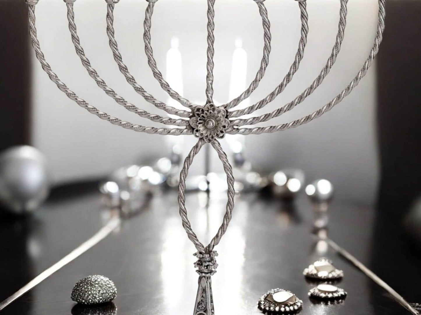 Sterling Silver Hanukkah Menorah with Quartz: Yemenite Filigree Judaica