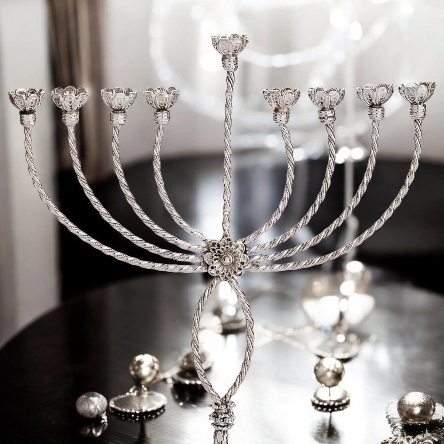 Sterling Silver Hanukkah Menorah with Quartz: Yemenite Filigree Judaica