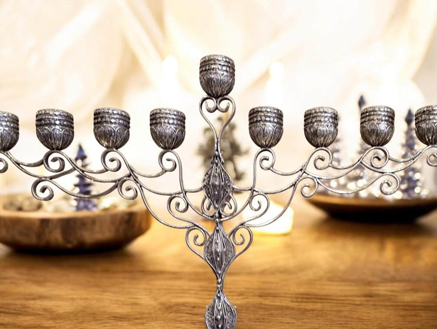 Sterling Silver Hanukkah Menorah Yemenite Filigree Art, Jewish Wedding Gift