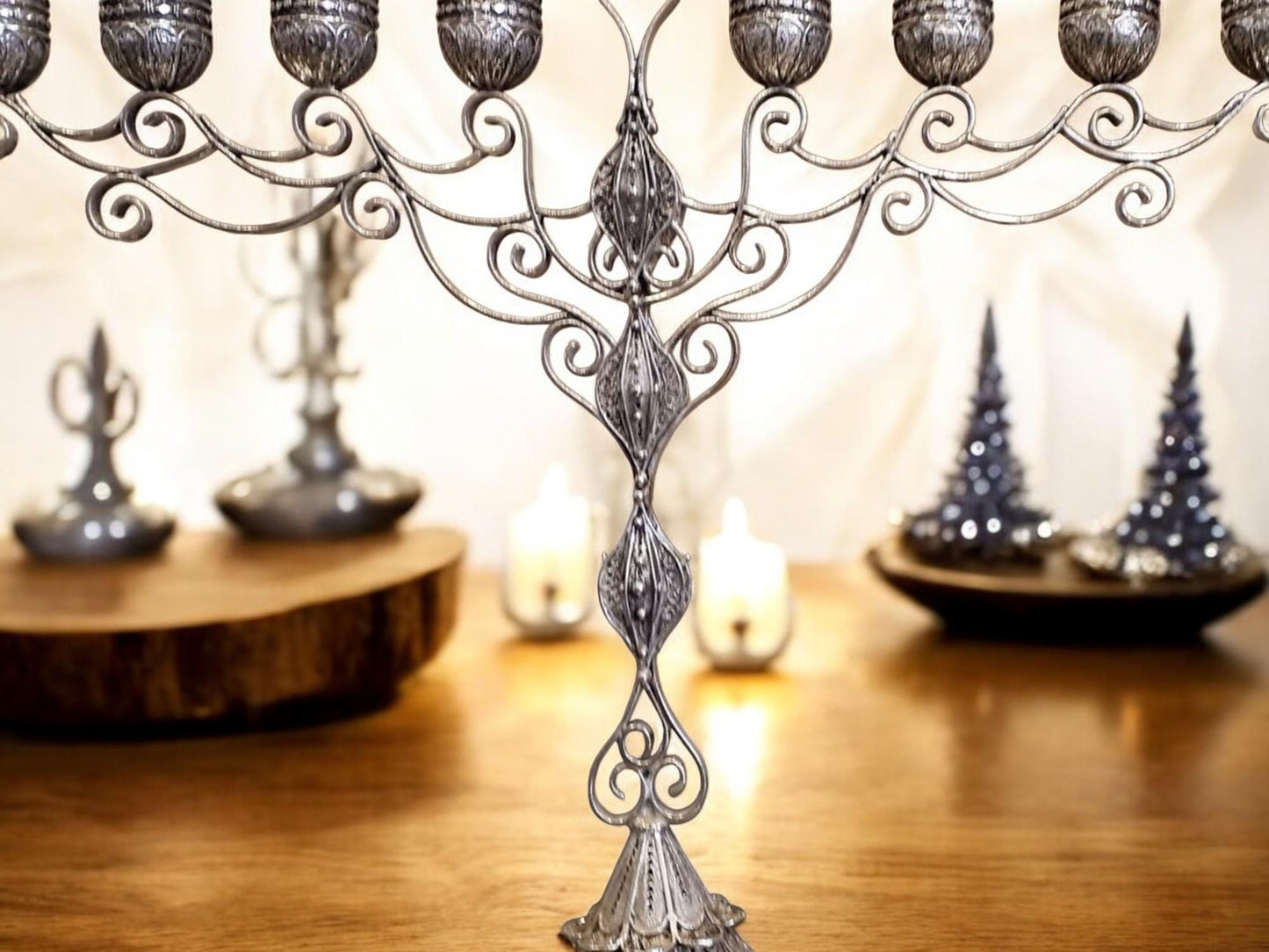 Sterling Silver Hanukkah Menorah Yemenite Filigree Art, Jewish Wedding Gift