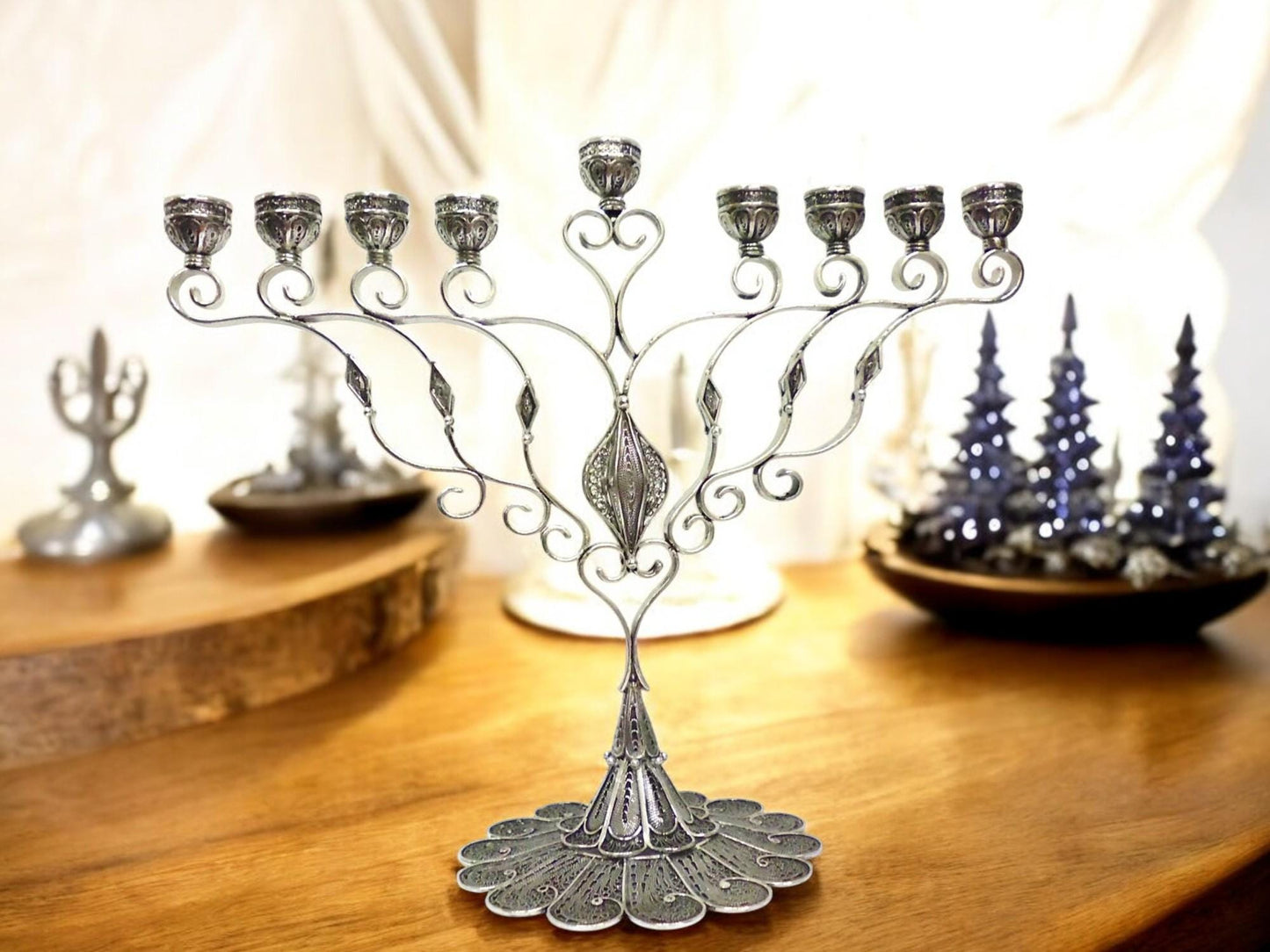 Sterling Silver Hanukkah Menorah Yemenite Filigree Art, Jewish Wedding Gift