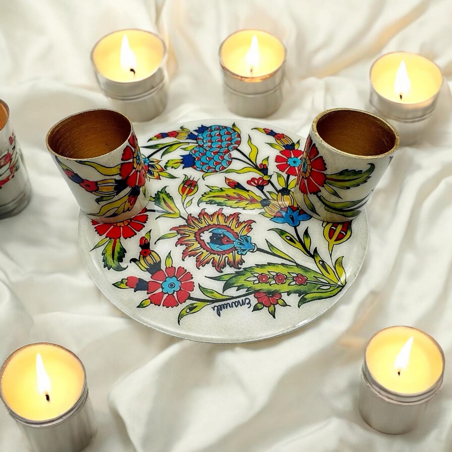 Shabbat Flowers Candle Holders with Plate