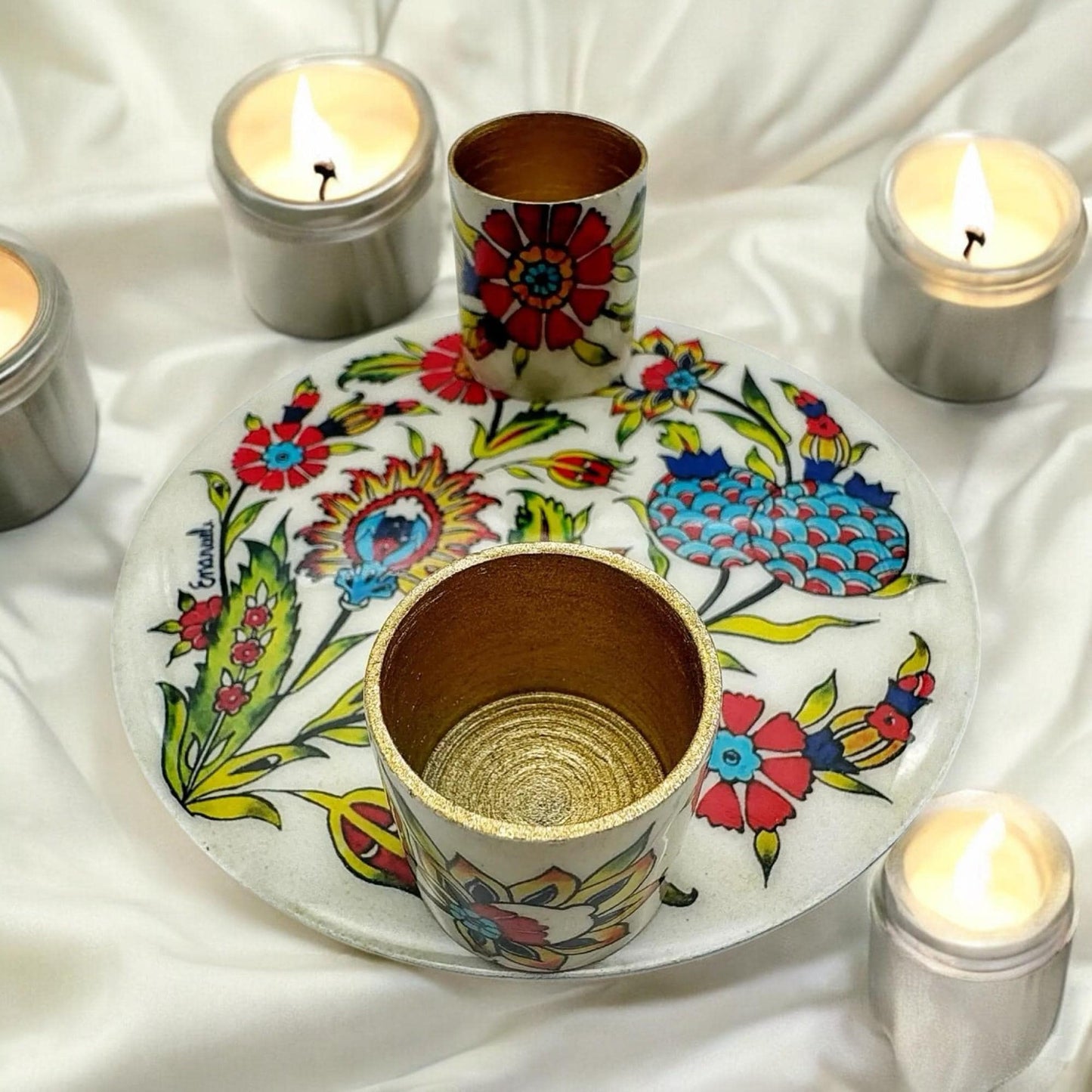 Shabbat Flowers Candle Holders with Plate