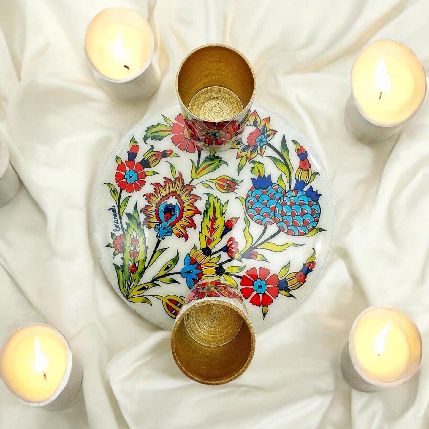 Shabbat Flowers Candle Holders with Plate